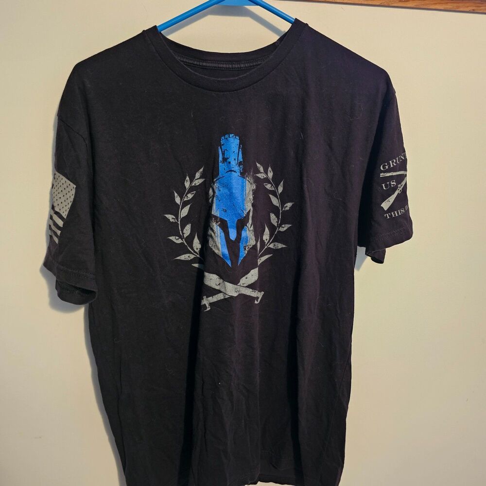 Men's Grunt Style Black T-Shirt L Spartan Blue Line Military This We'll Defend